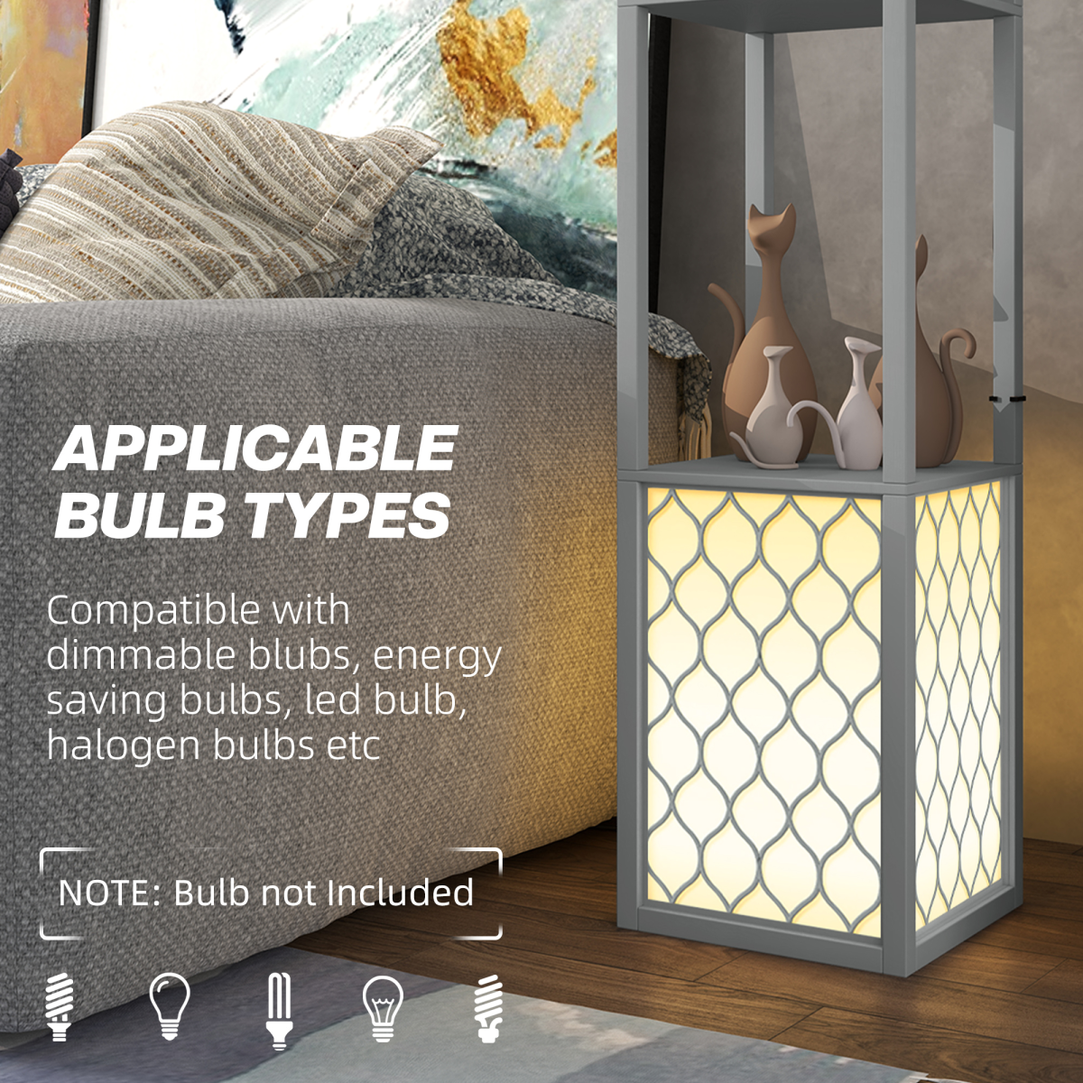 HOMCOM 2-Light Modern Floor Lamp with Shelves, Light Grey