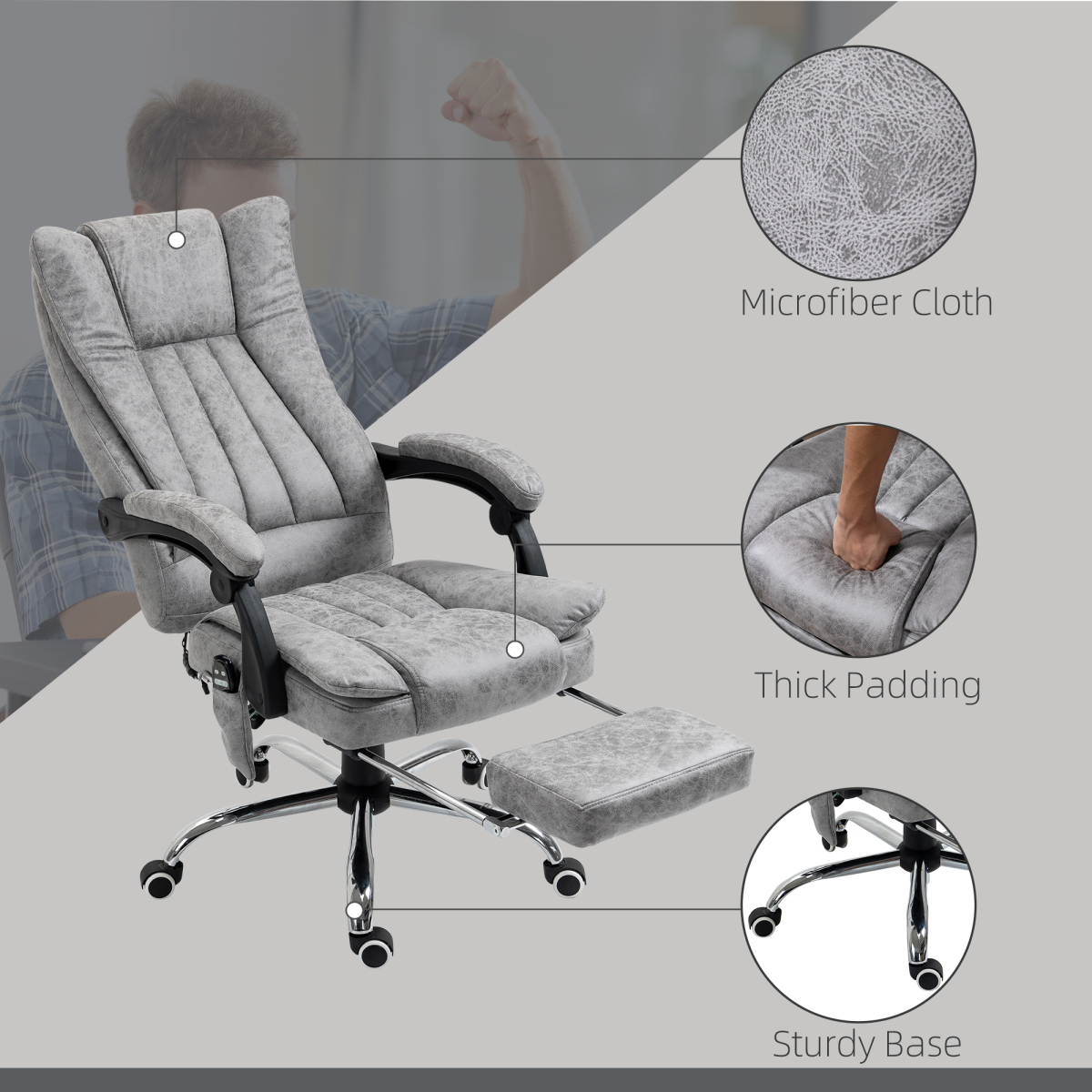 6-Point Vibrating Massage Office Chair w/ Microfibre Upholstery Arms Grey