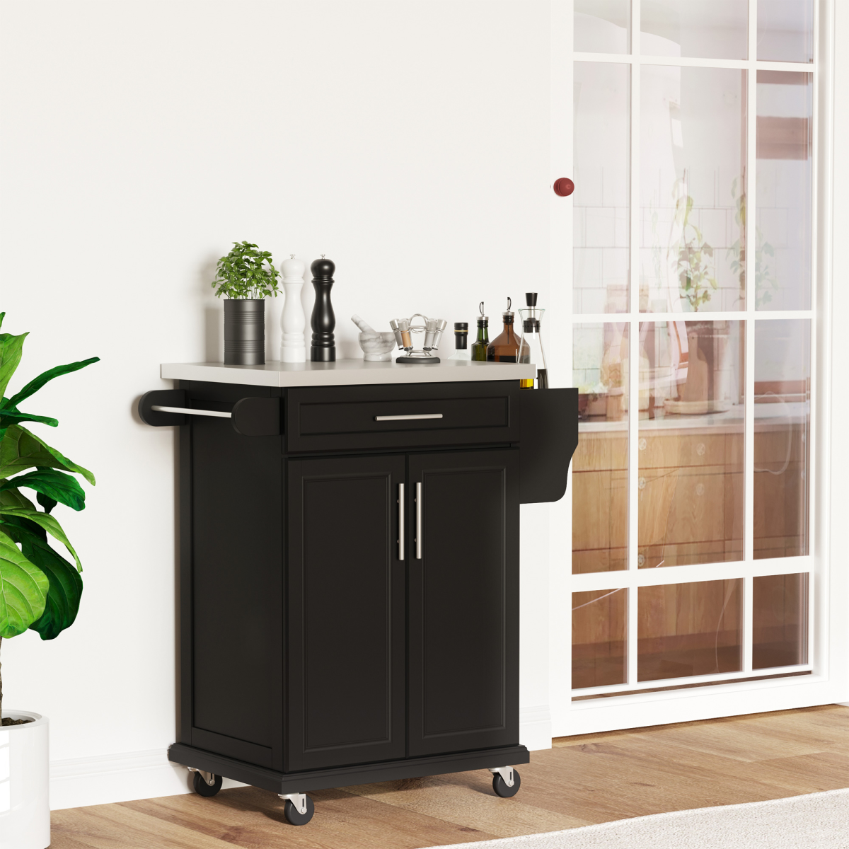 Rolling Kitchen Cart Storage Trolley with Drawer, Towel Rail, Stainless Steel Worktop, Lockable Wheels, Black