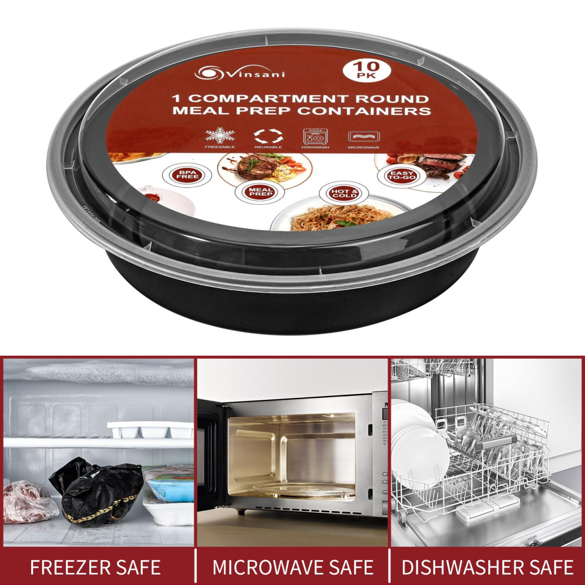 Vinsani 10 Pack Round 1 Compartment Meal Prep Containers with Airtight Leak-Resistant Lids, BPA-Free, Microwave Freezer Dishwasher Safe