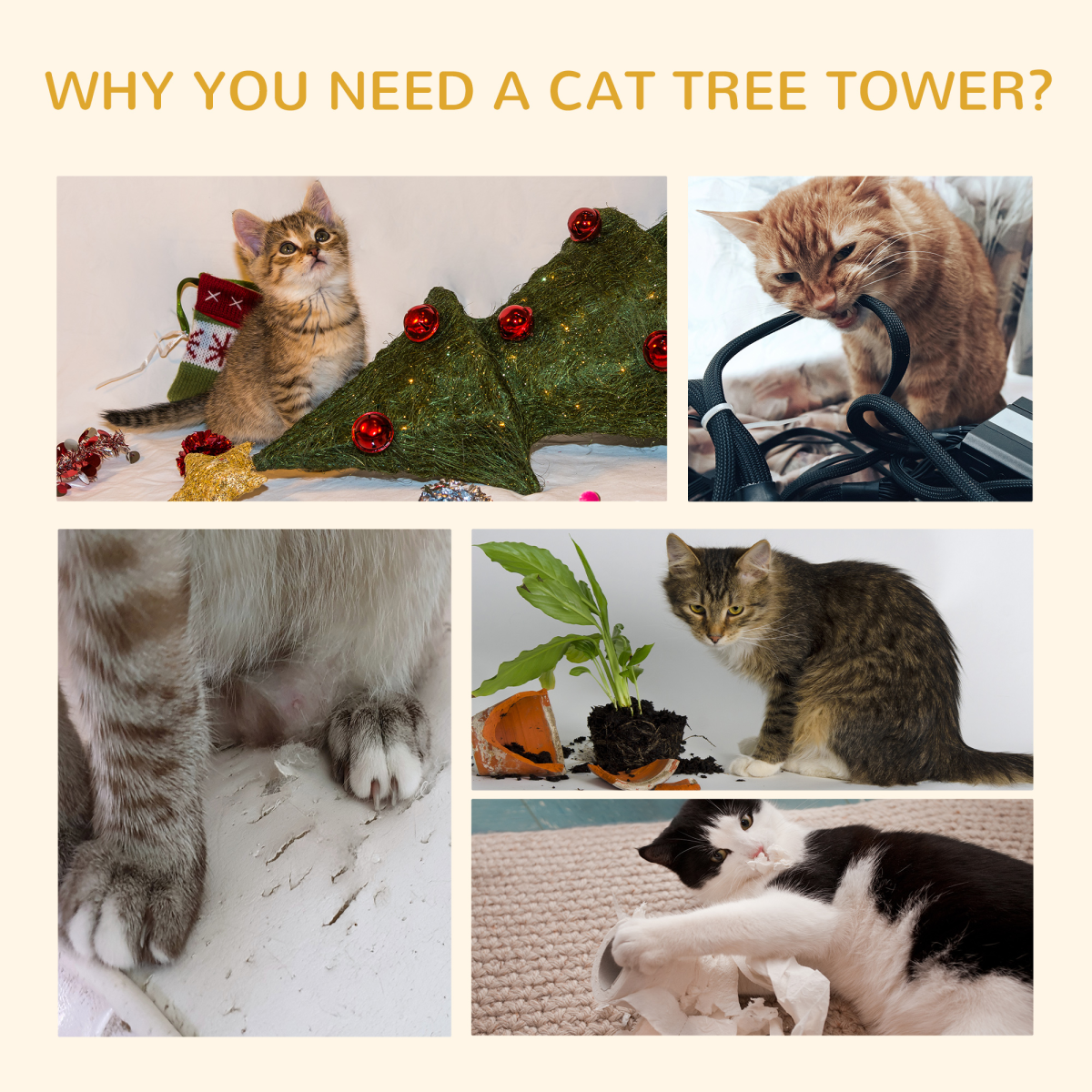 PawHut 260cm Floor-to-Ceiling Cat Tree for Indoor Cats, Adjustable Height, 4 Platforms, Brown