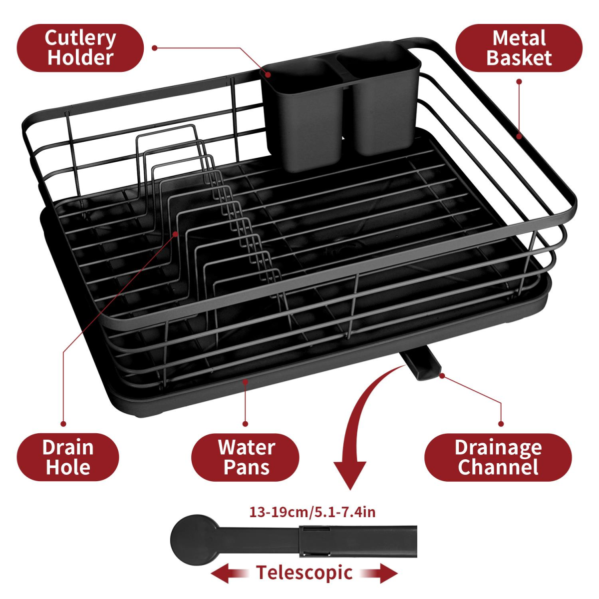Vinsani Black Stainless Steel Dish Rack with Drip Tray and Utensil Holder