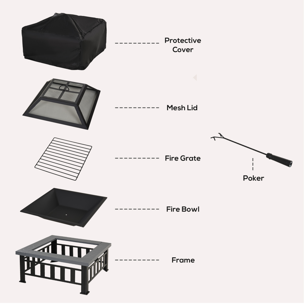 HOMCOM Square Fire Pit with Waterproof Cover, Black/Grey