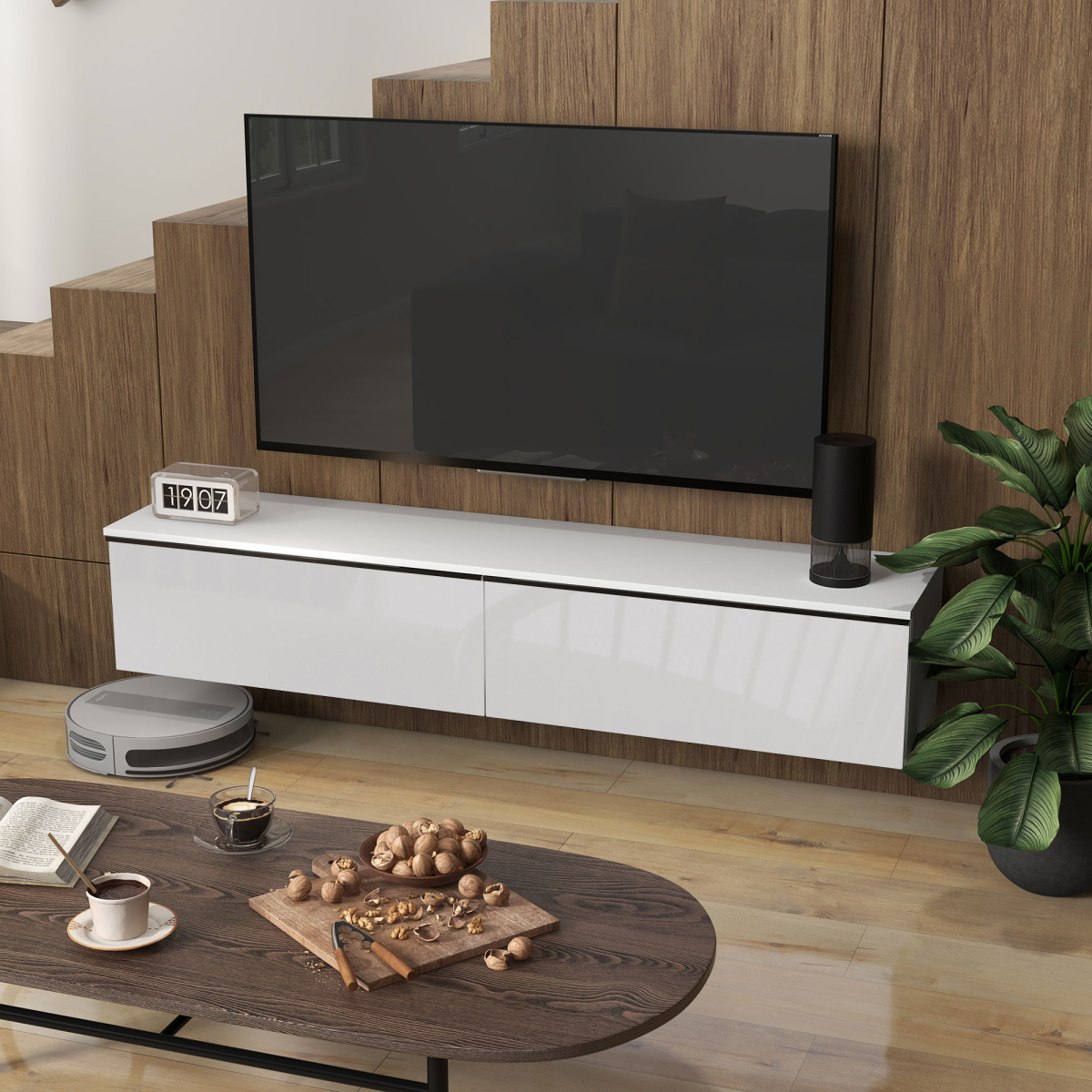HOMCOM Wall Mounted Floating TV Stand with 2 Cupboards, White, for TVs up to 70