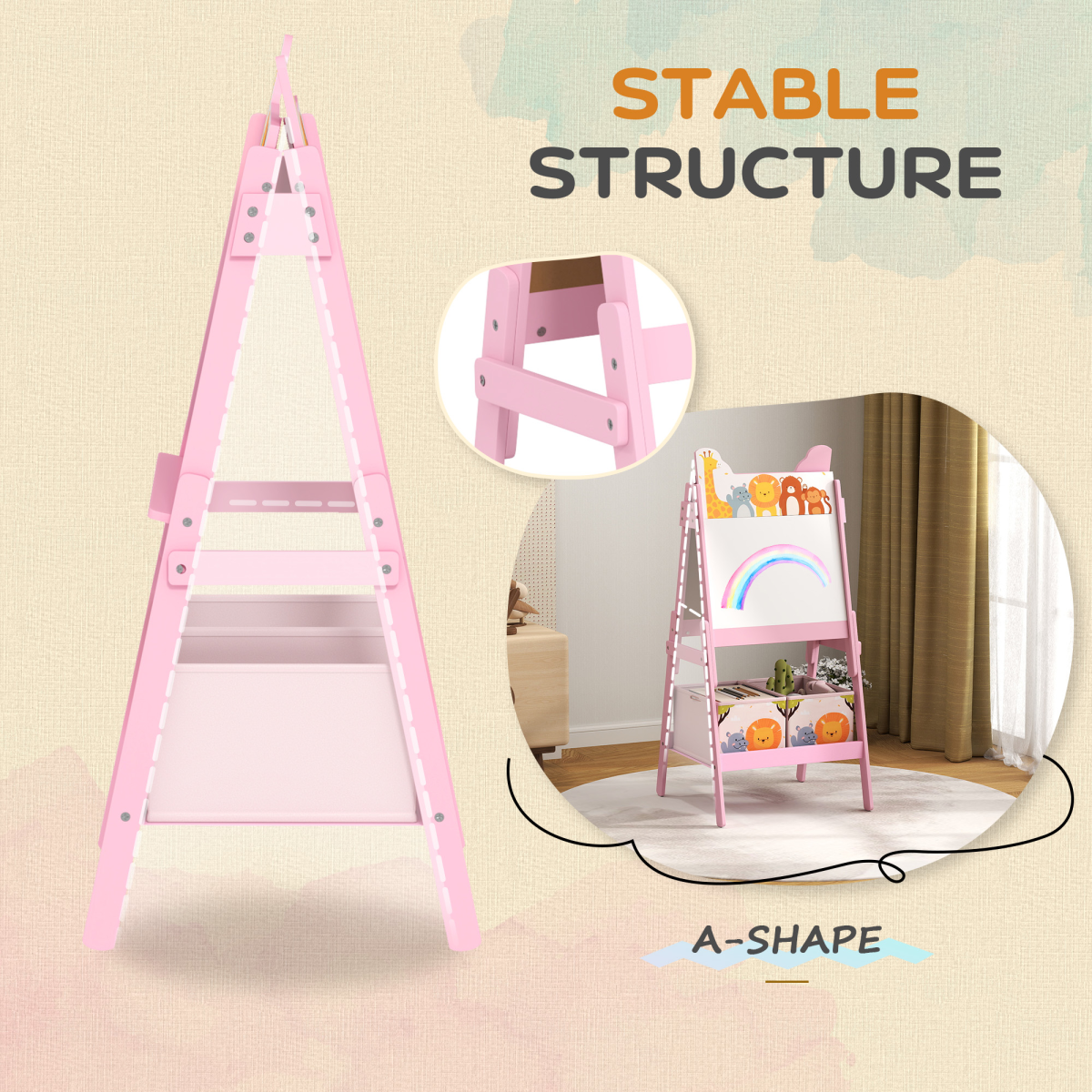 AIYAPLAY Pink 2-in-1 Kids Easel with Whiteboard, Chalkboard & Storage