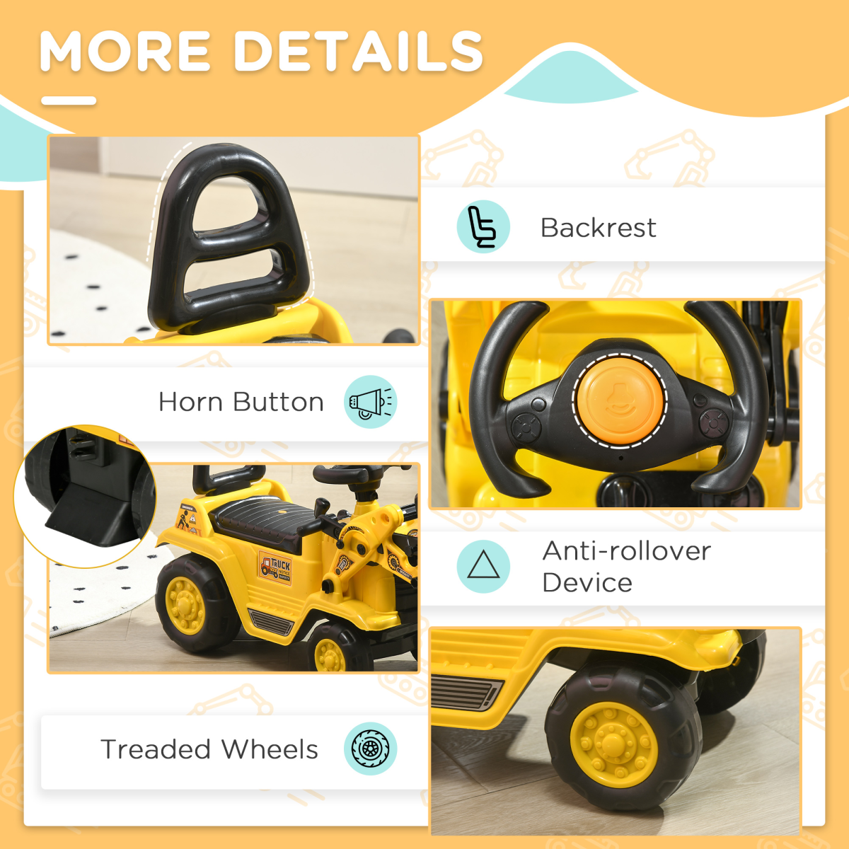 HOMCOM 3-in-1 Toddler Ride-On Bulldozer Scooter with Storage