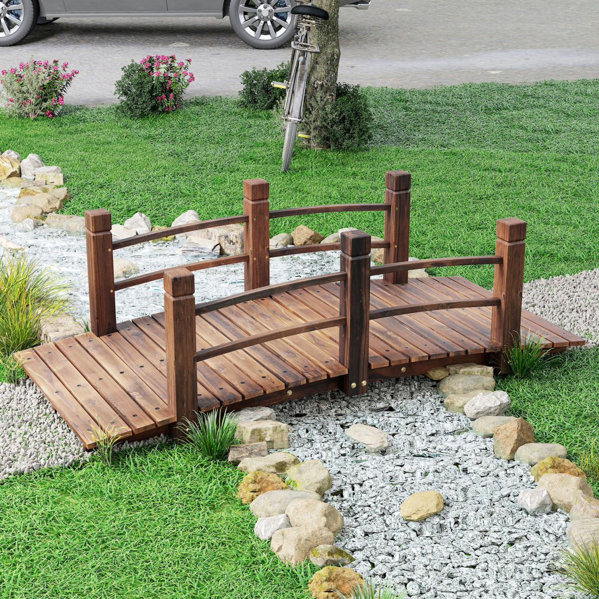 Outsunny Wooden Garden Bridge, Fir Wood, Stained Finish, Arch Design, Side Rails