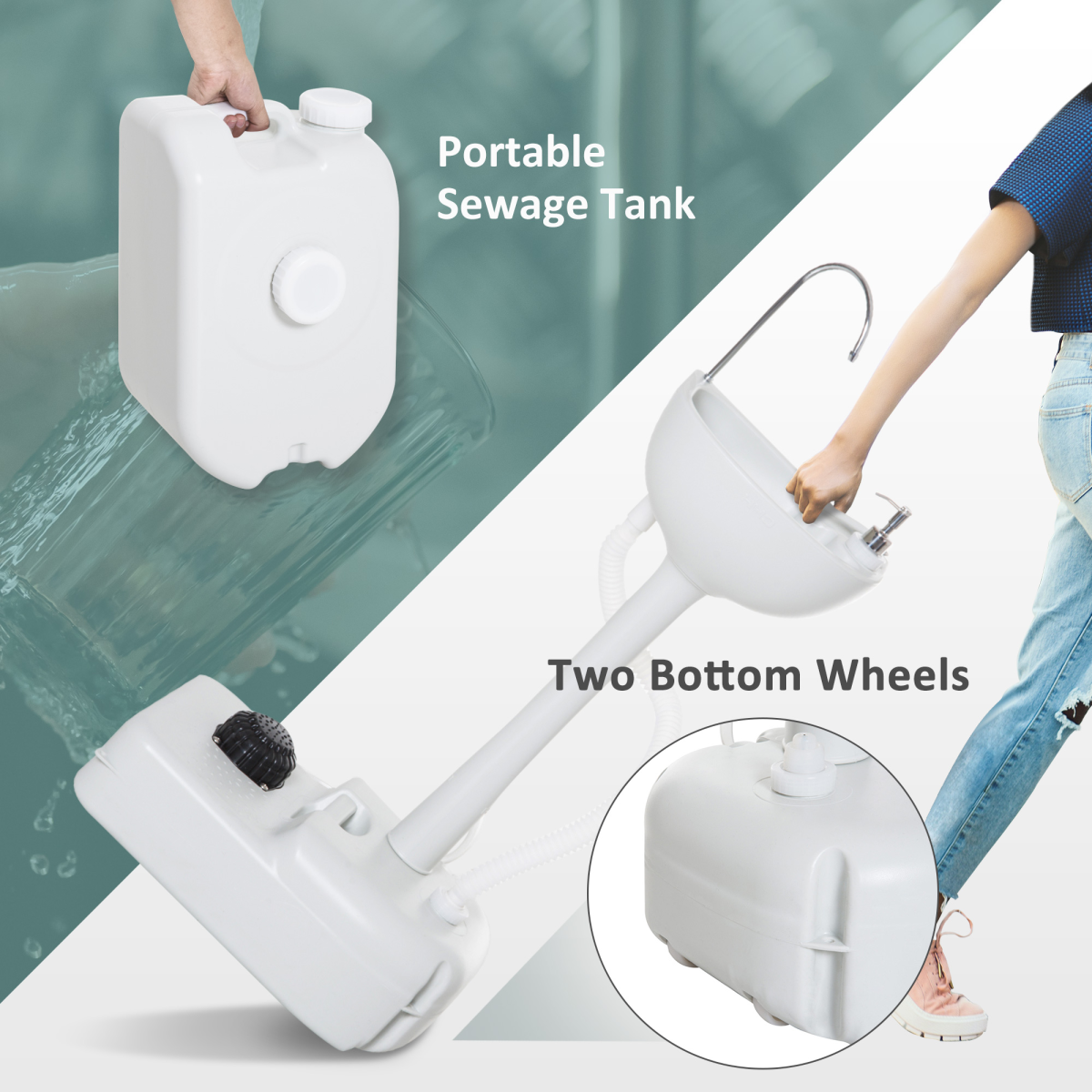 Portable Hand Wash Sink with 17L Water Tank, 24L Recovery Tank, Foot Pump, Soap Dispenser, Towel Holder and Wheels