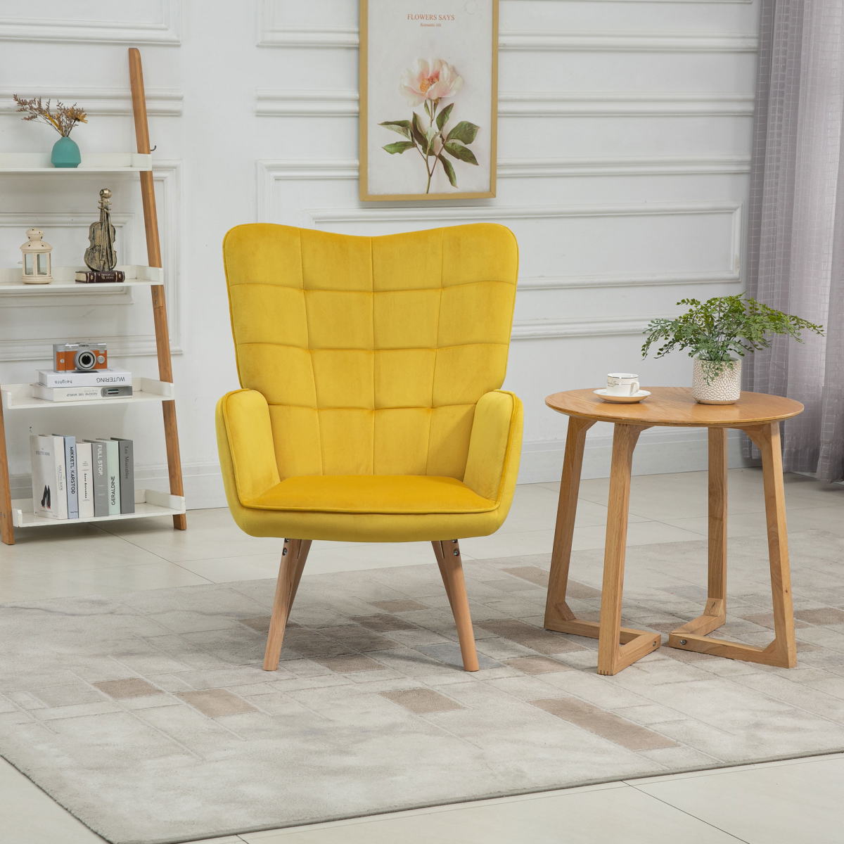 HOMCOM Modern Velvet-Touch Tufted Wingback Accent Chair with Wooden Legs