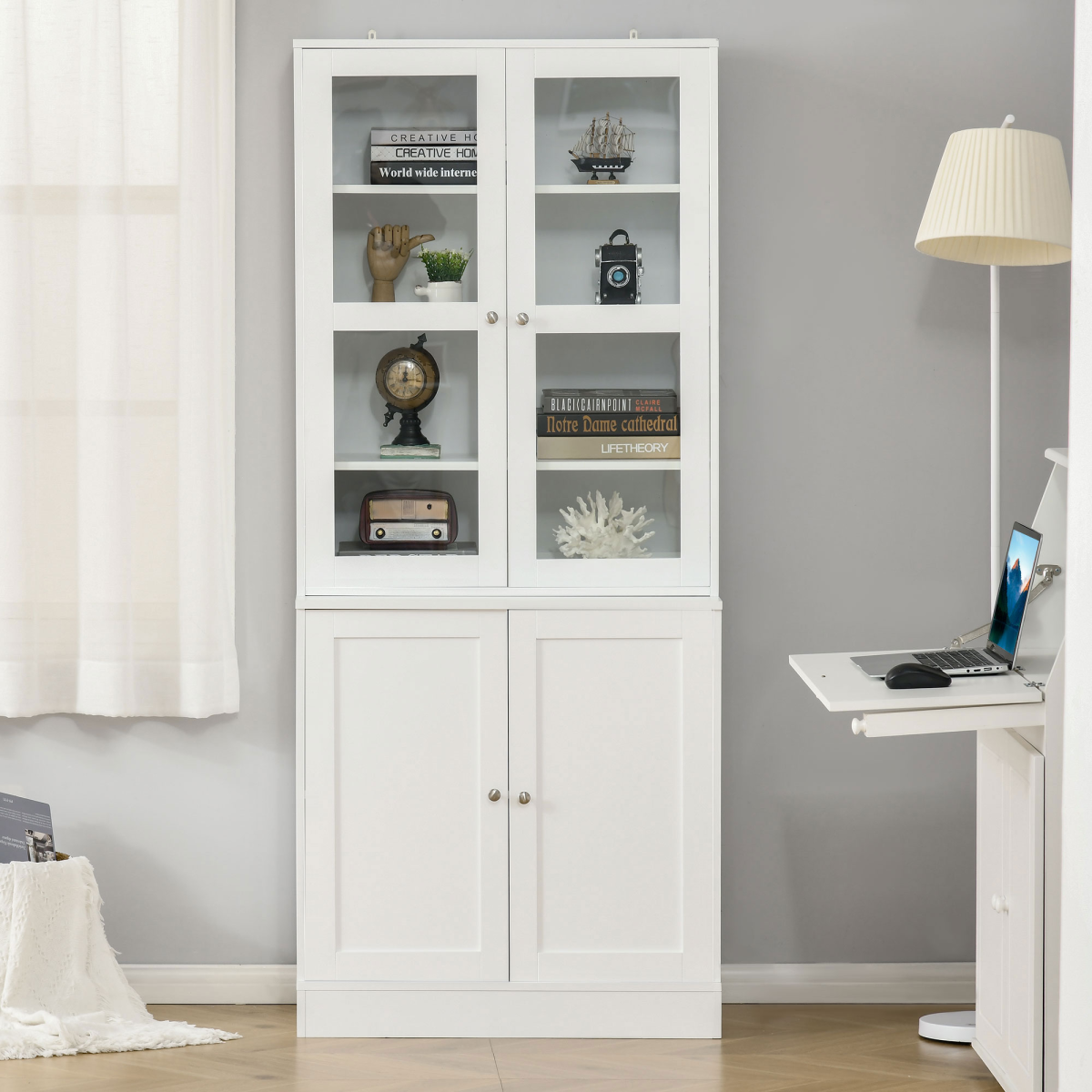 HOMCOM Modern Bookcase Storage Cabinet with Glass Doors, Adjustable Shelves