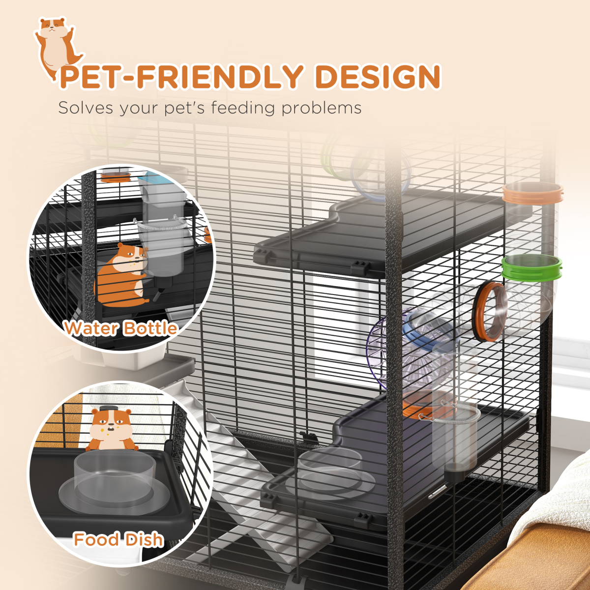 PawHut Large Hamster Cage with Wheels, Tubes, Shelves & Ramps