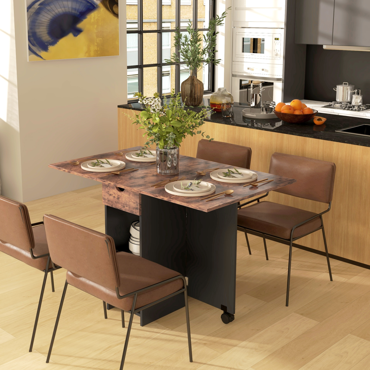 Expandable Drop Leaf Dining Table with Storage, Seats 4, Rustic Brown