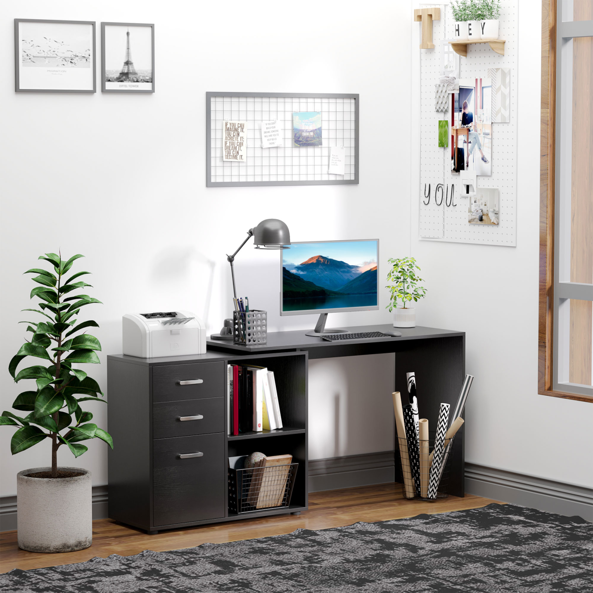 HOMCOM L Shape Computer Desk Workstation with Drawer Shelf File Cabinet, Home Office Desk
