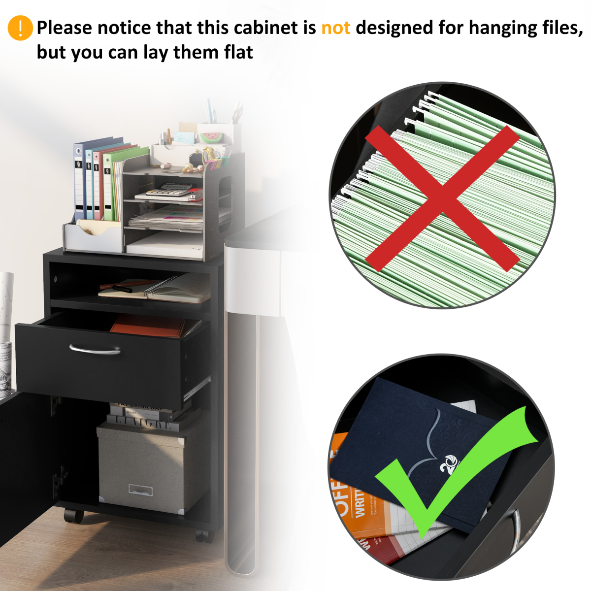 60cm Tall Storage Cabinet with Drawer, Open Shelf & Lockable Wheels, Black