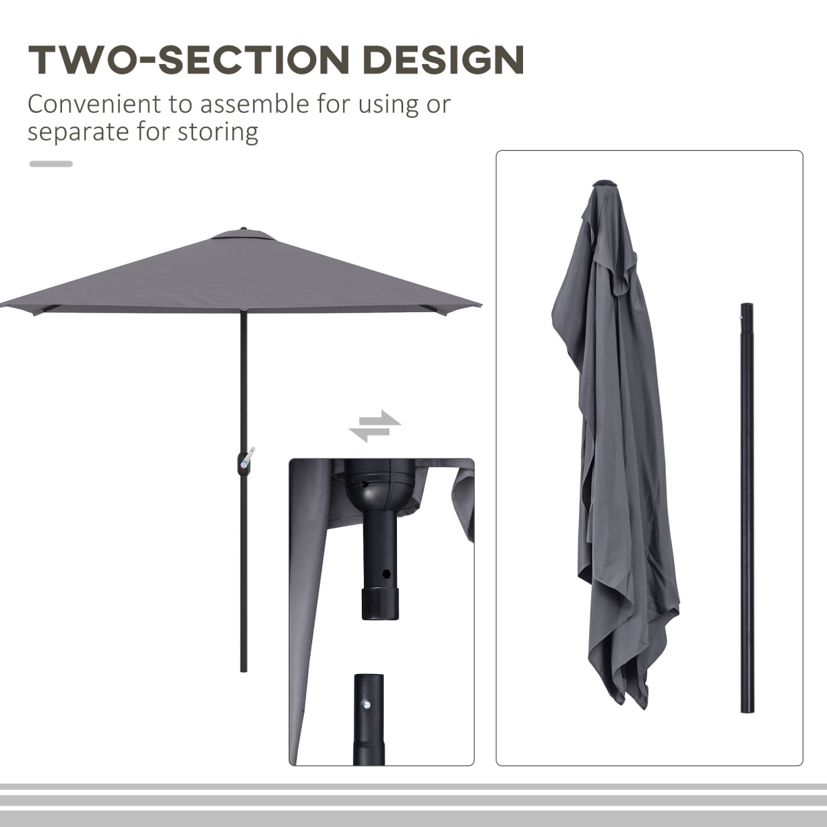 Outsunny Half Round Parasol Umbrella with Crank, 2.3m, Grey, No Base Included