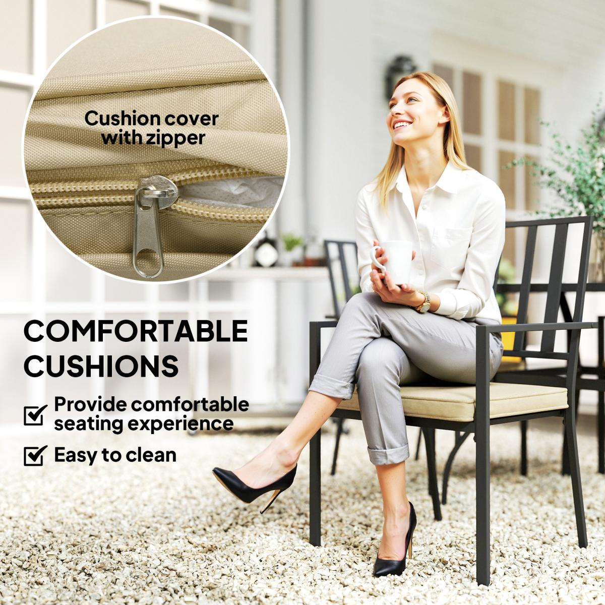 Outsunny 5-Piece Outdoor Garden Dining Set with 4 Stackable Cushioned Armchairs and Metal Table