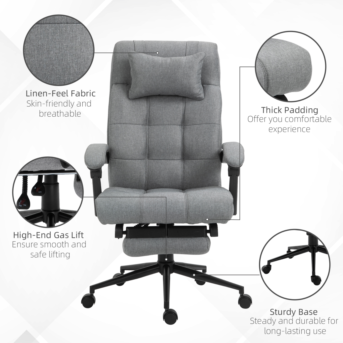 Office Chair with Footrest, Adjustable Height, 155° Recline, Swivel, Armrests, Rolling, Light Grey