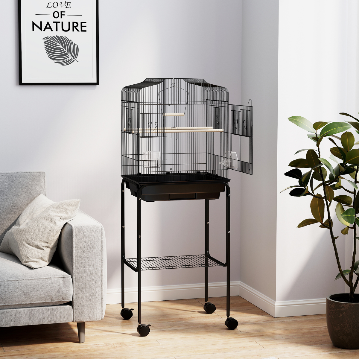 PawHut Bird Cage with Stand, Tray and Wheels for Small Birds, Black