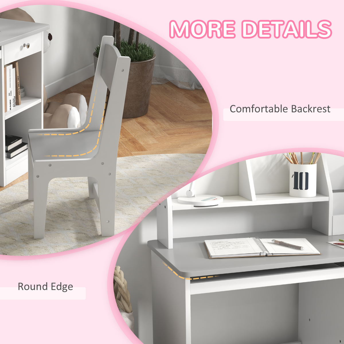 ZONEKIZ Kids Desk and Chair Set with Storage for 5-8 Years, Grey