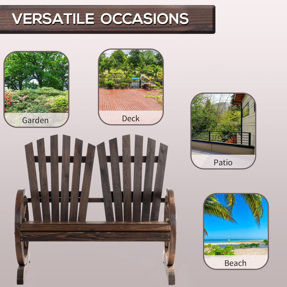 2 Seater Garden Bench with Wheel-Shaped Armrests, Carbonized Colour