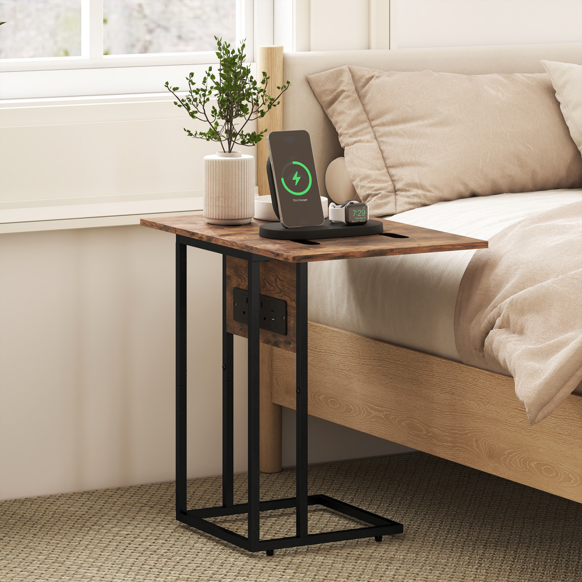 HOMCOM C-Shaped Side Table with Charging Station, Foldable Top