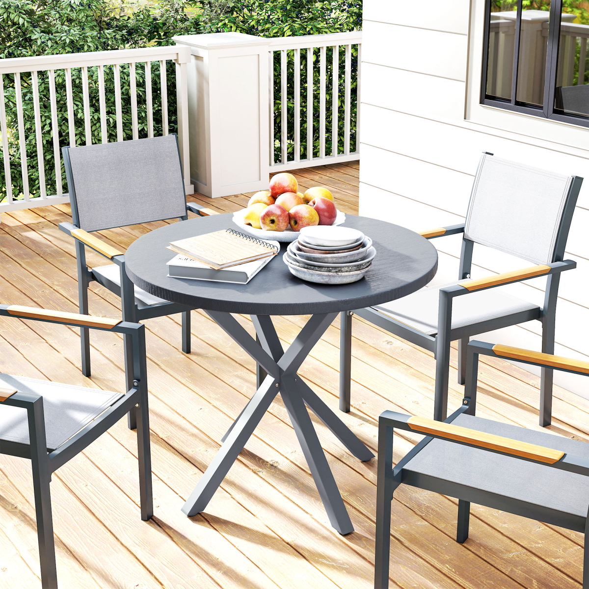 Outsunny Round Garden Table, Steel Frame, Wood-Effect Top, Dark Grey
