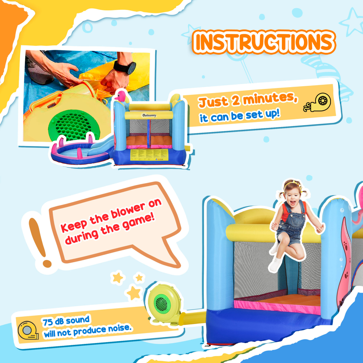 Outsunny Inflatable Water Bounce House with Slide, Pool & Blower