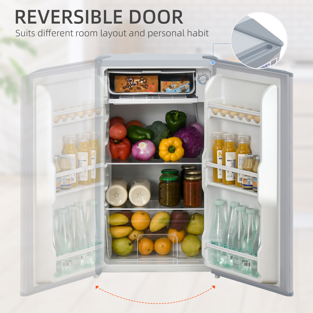 HOMCOM 91L Freestanding Under Counter Fridge, Reversible Door, Grey