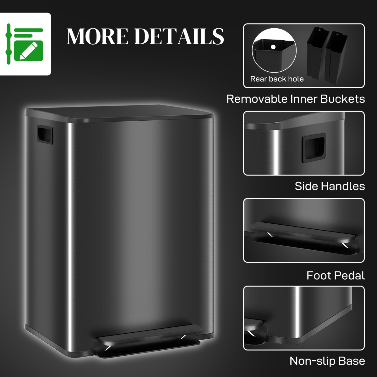 HOMCOM Dual Bin Pedal Bin, 2 x 30L Stainless Steel, Black