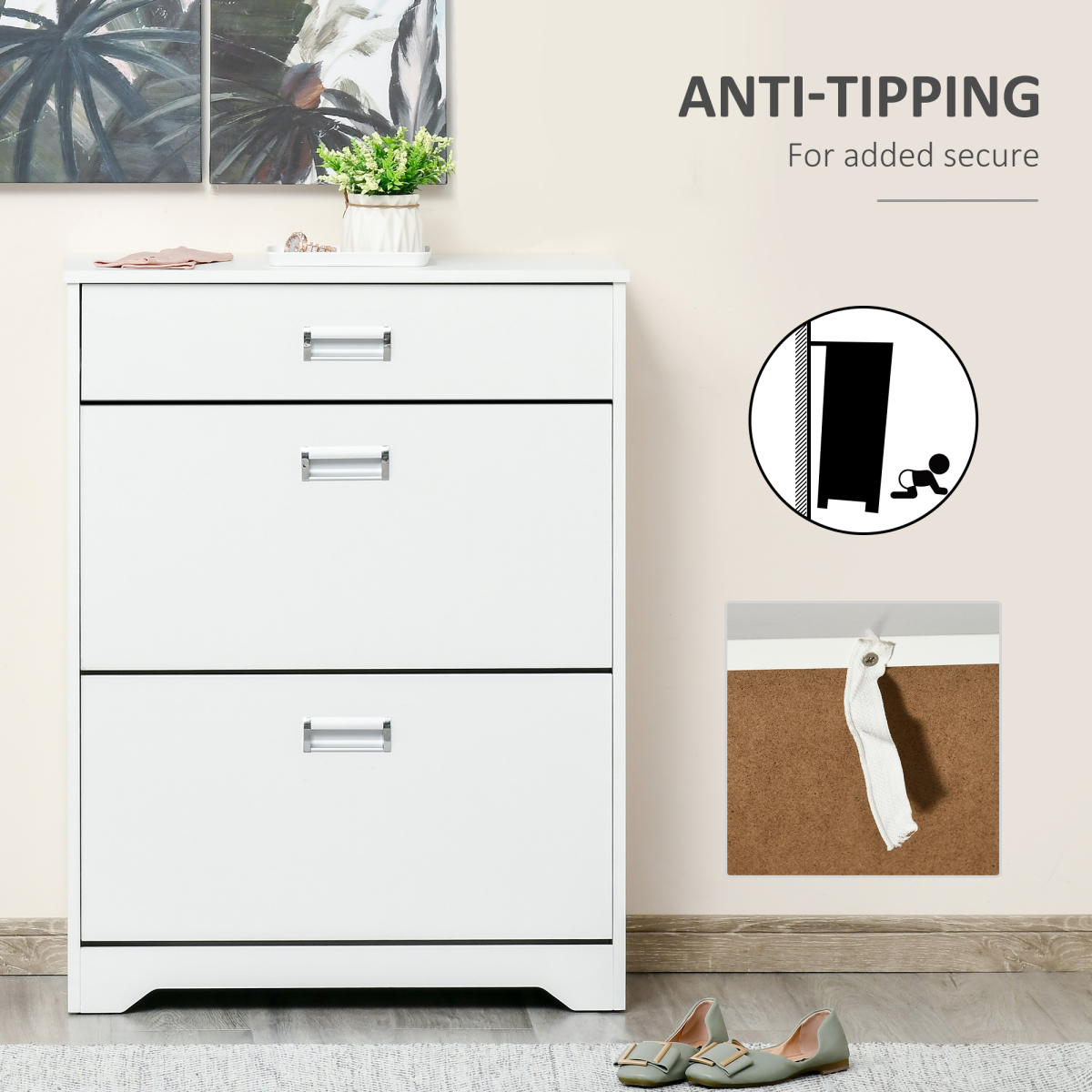 HOMCOM White Tipping Shoe Cabinet with Drawers, 16 Pairs