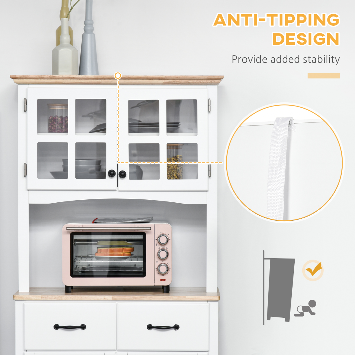 HOMCOM Kitchen Cupboard with Framed Glass Doors, 2 Drawers, Microwave Counter, White