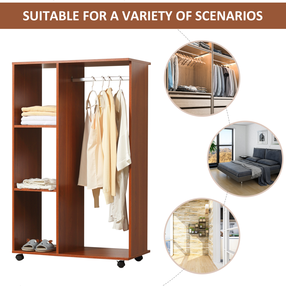 HOMCOM Walnut Open Wardrobe with Hanging Rail, Shelves, Cubbies and Wheels