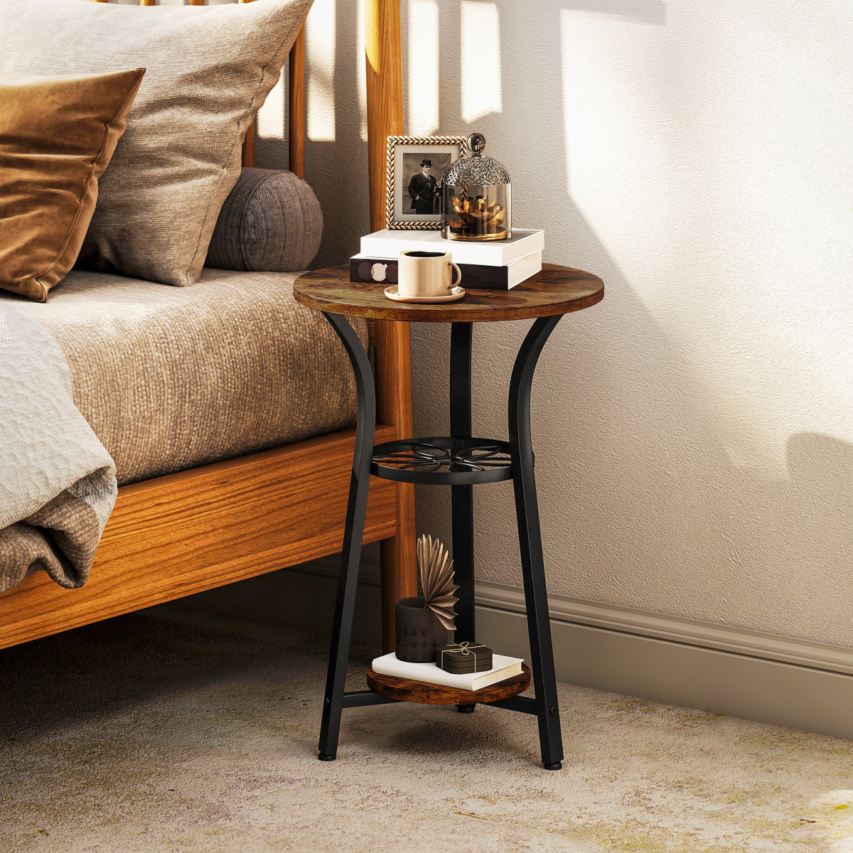 HOMCOM 38 cm Round 3-Tier Industrial Side Table, Rustic Brown