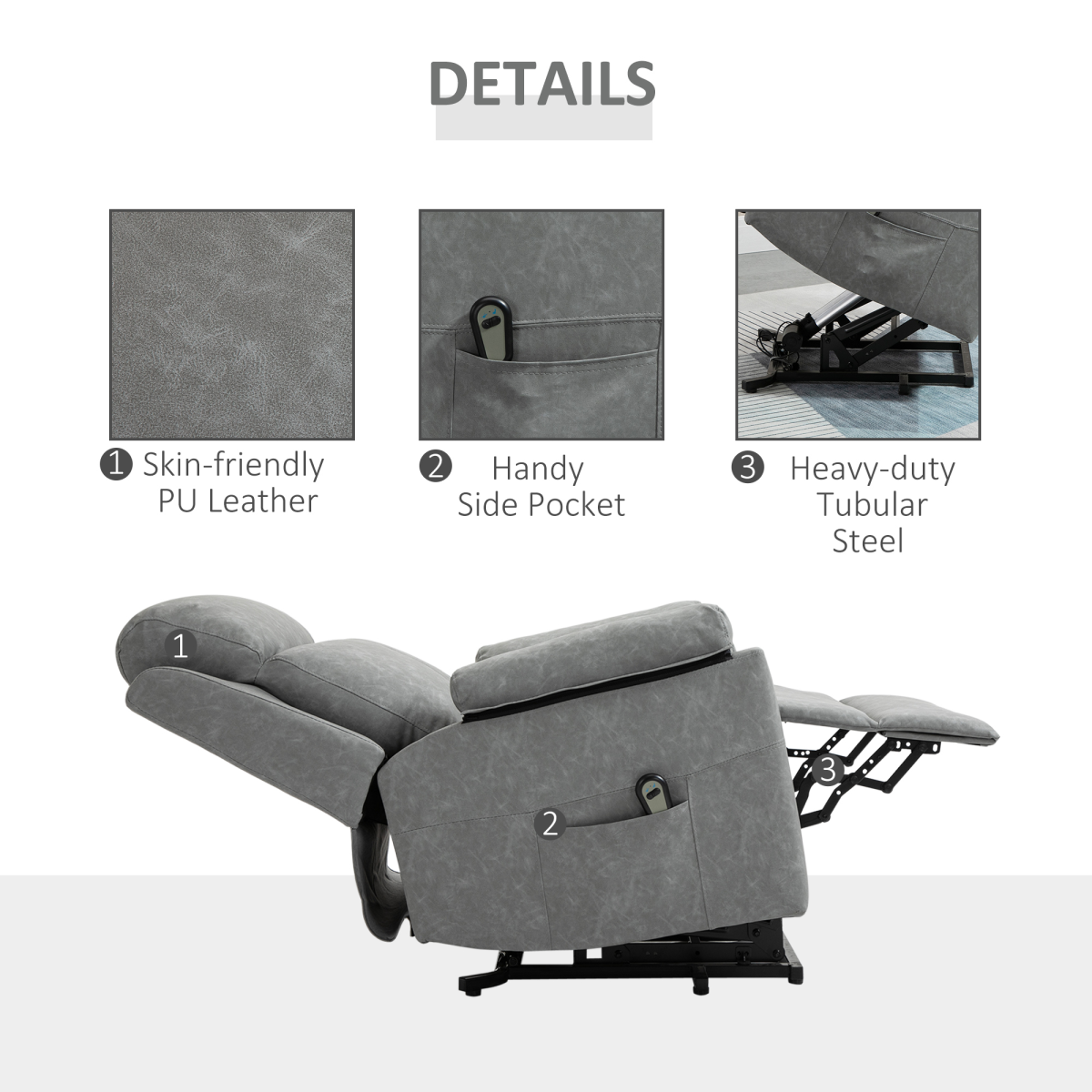 Electric Power Lift Recliner Chair with Remote Control, Grey Faux Leather