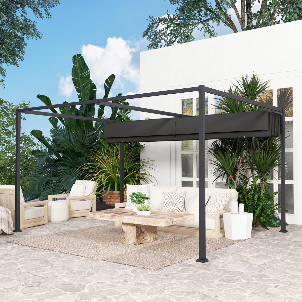 Outsunny 4 x 3 m Metal Pergola Gazebo with Retractable Canopy, Black