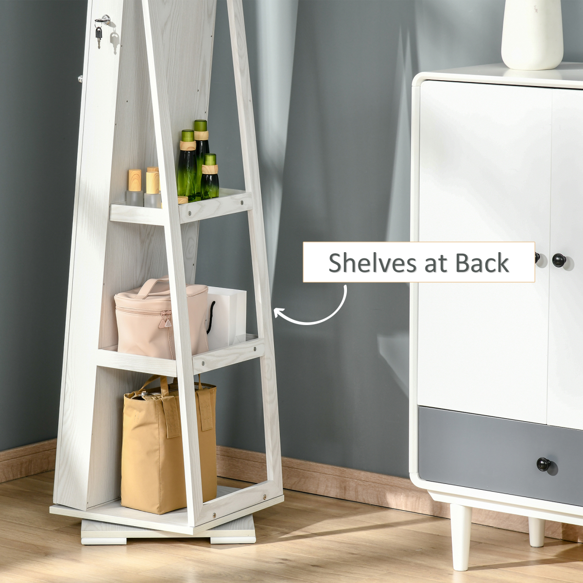 Full Length Mirror Jewelry Cabinet, 360° Rotating, Lockable