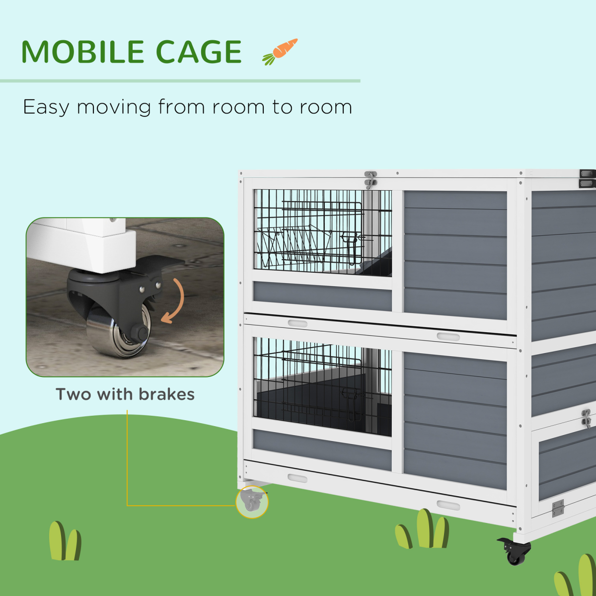 PawHut Double Decker Indoor Rabbit Hutch with Feeding Trough and Slide-Out Trays