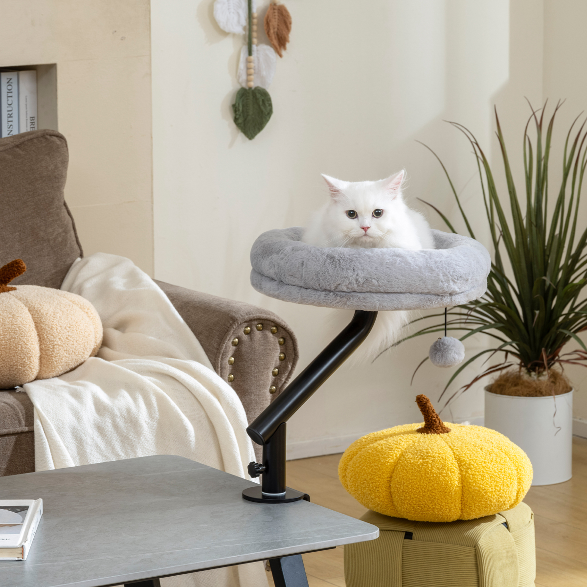 PawHut 360° Rotating Adjustable Cat Desk Bed with Clamp, Grey