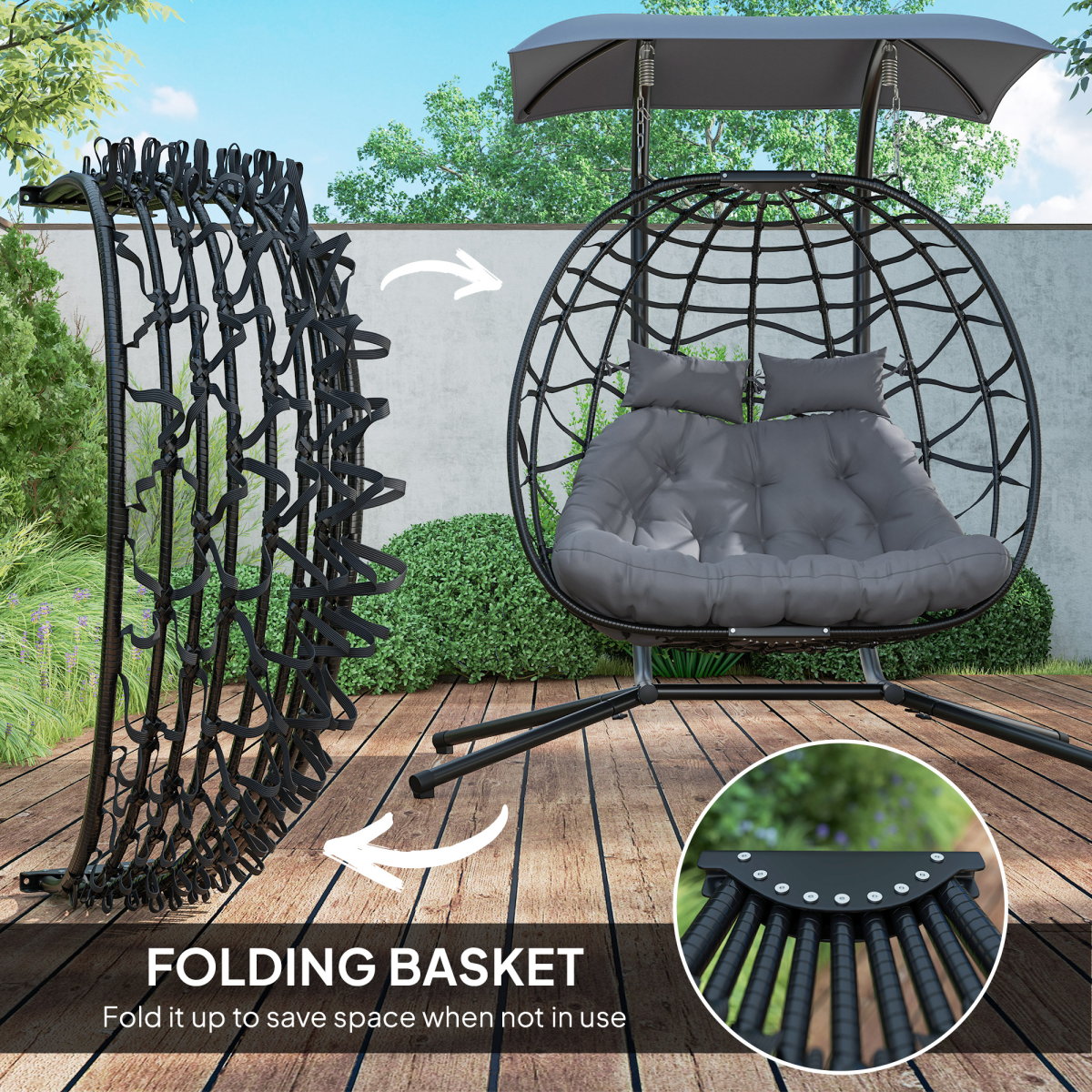 Outsunny Rattan Double Hanging Egg Chair with Canopy & Cushion, Black