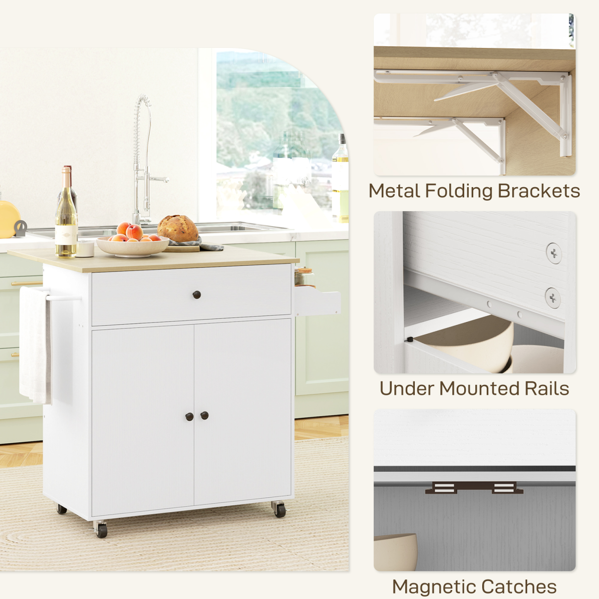 HOMCOM Rolling Kitchen Island with Drop Leaf, Storage Trolley, White