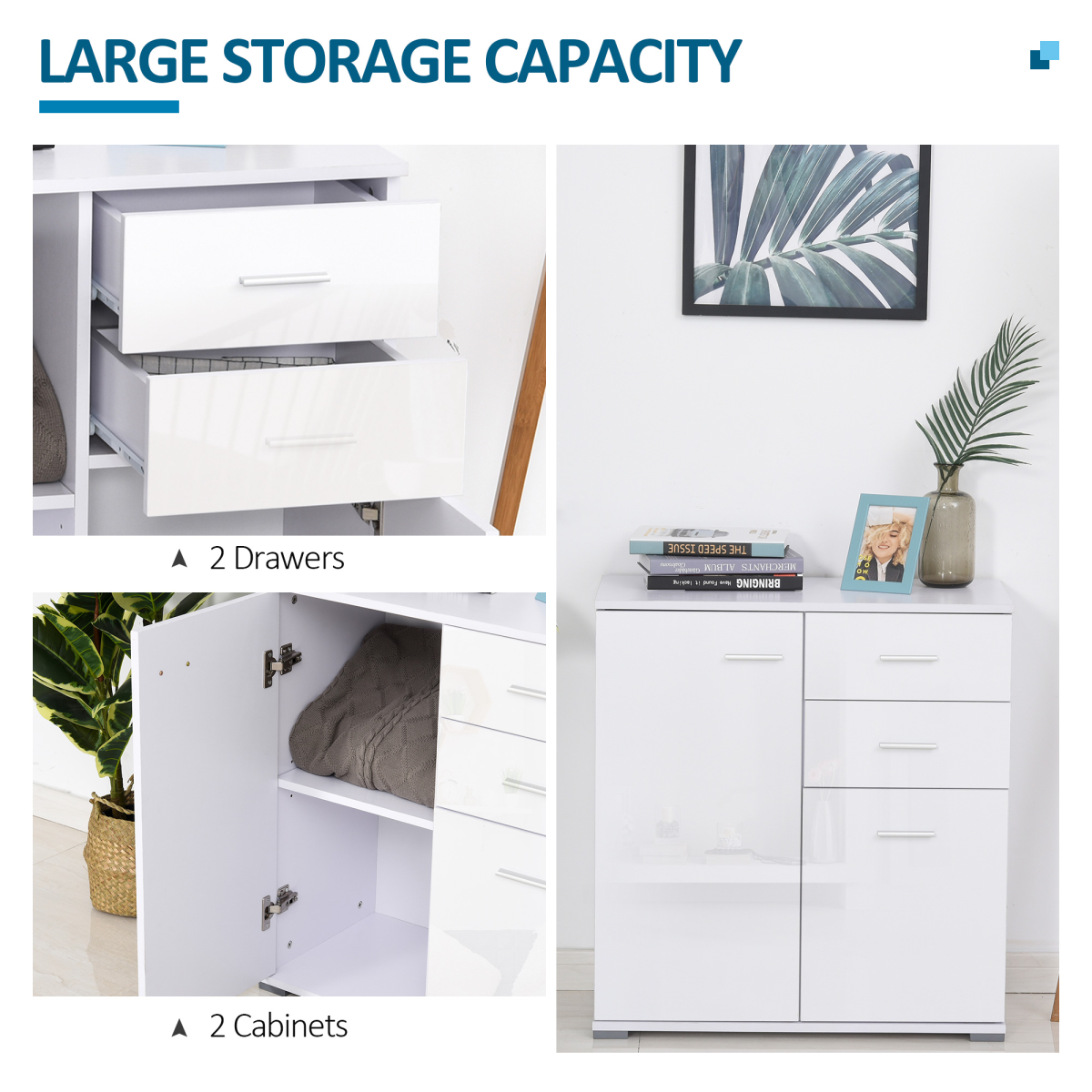 White High Gloss Shoe Cabinet Storage Cupboard with Adjustable Shelf and 2 Drawers