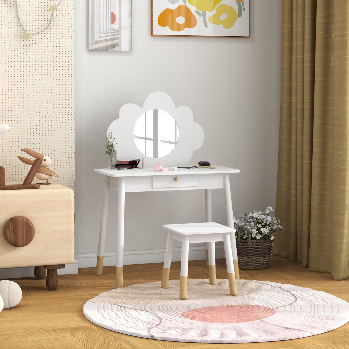 AIYAPLAY Kids Cloud Dressing Table Set with Mirror, Stool & Drawer