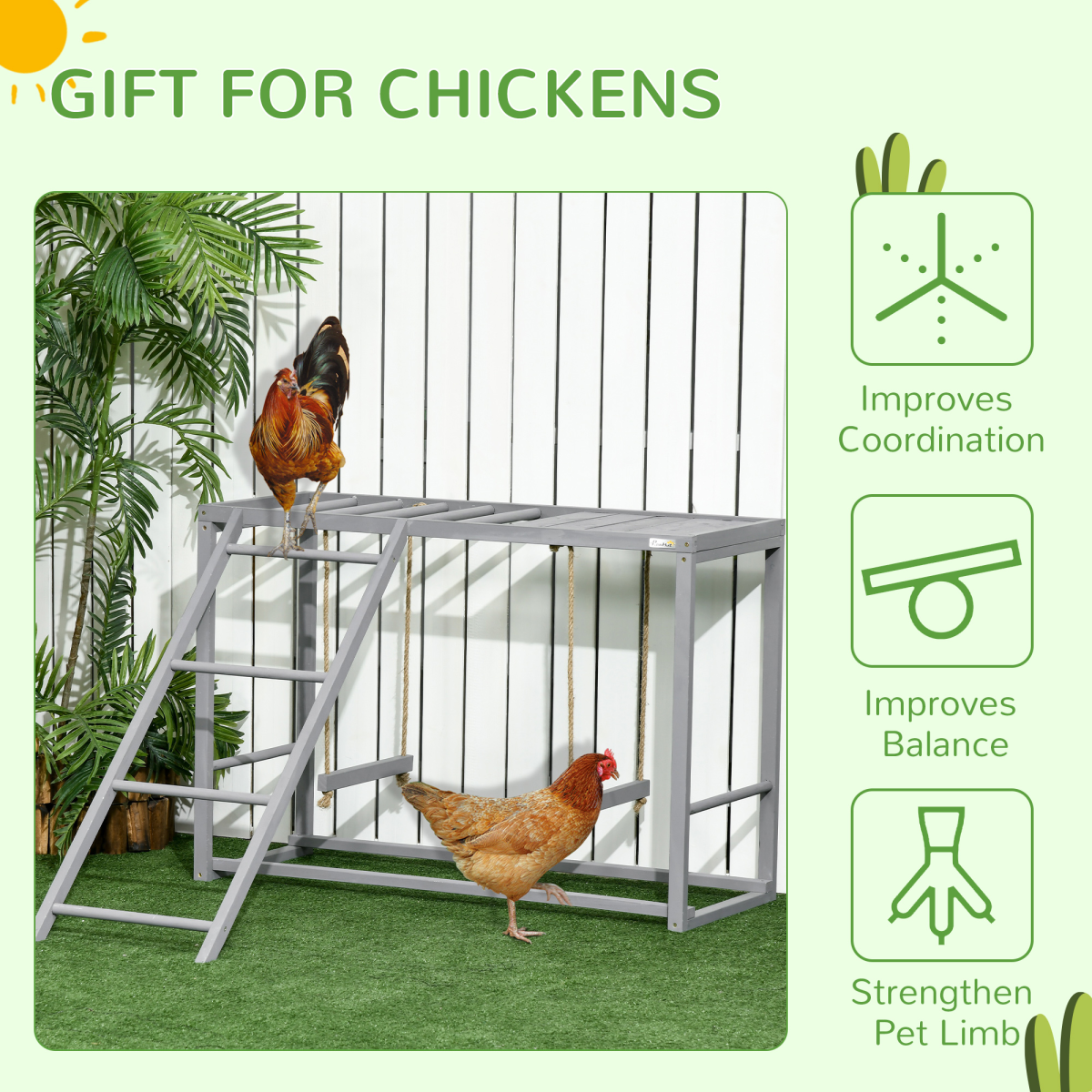 PawHut Chicken Activity Play Center with Swing Set, Ladder and Perches for 3-4 Birds, Grey