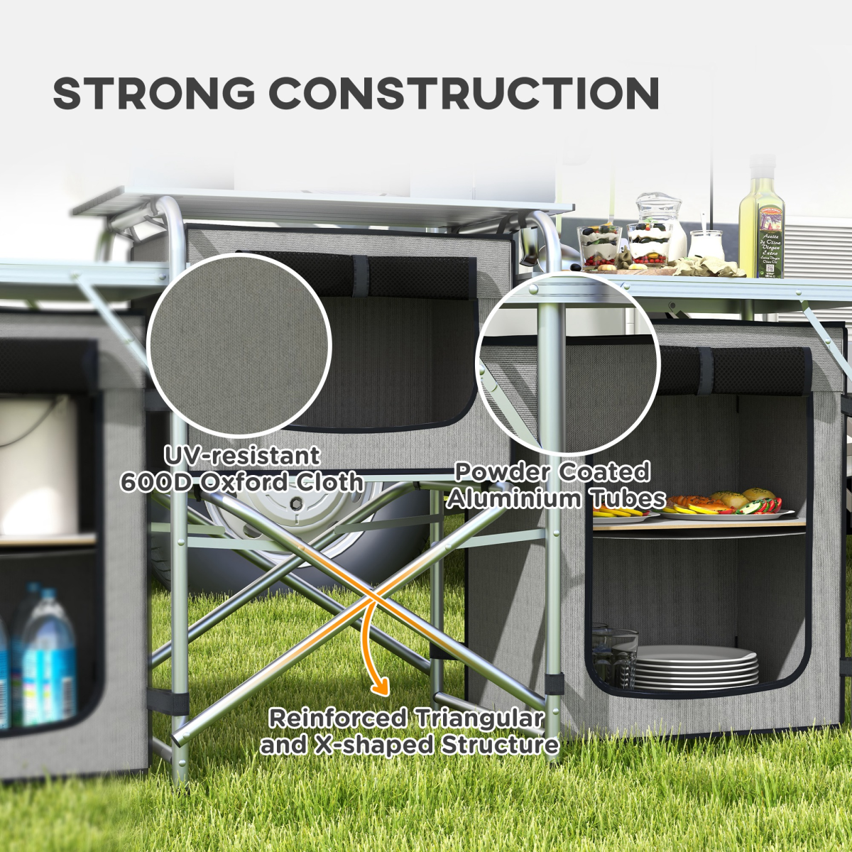 Outsunny Folding Camping Kitchen with Windshield, Lamp Stand & Carry Bag