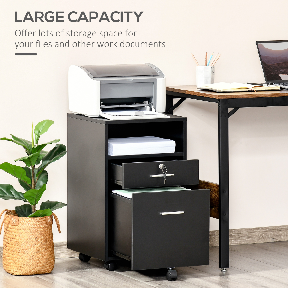 Mobile Lockable File Cabinet with 5 Wheels, Small Drawer and Open Shelf, Black