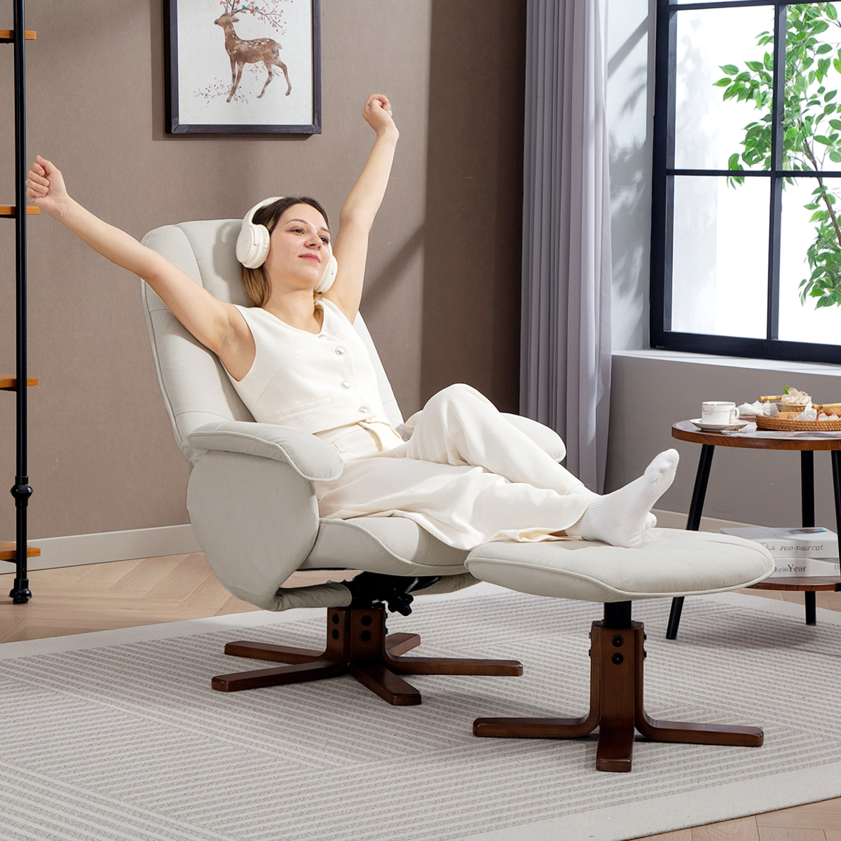 HOMCOM Beige Swivel Recliner Chair with Footstool and Wooden Base