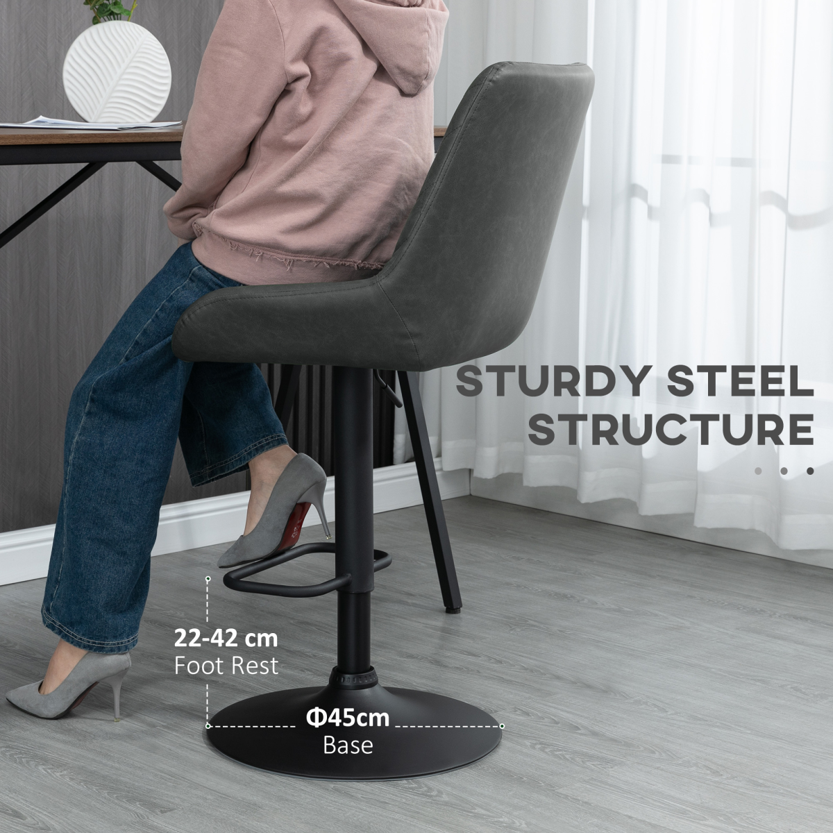 HOMCOM Set of 2 Adjustable 360° Swivel Bar Stools, Grey