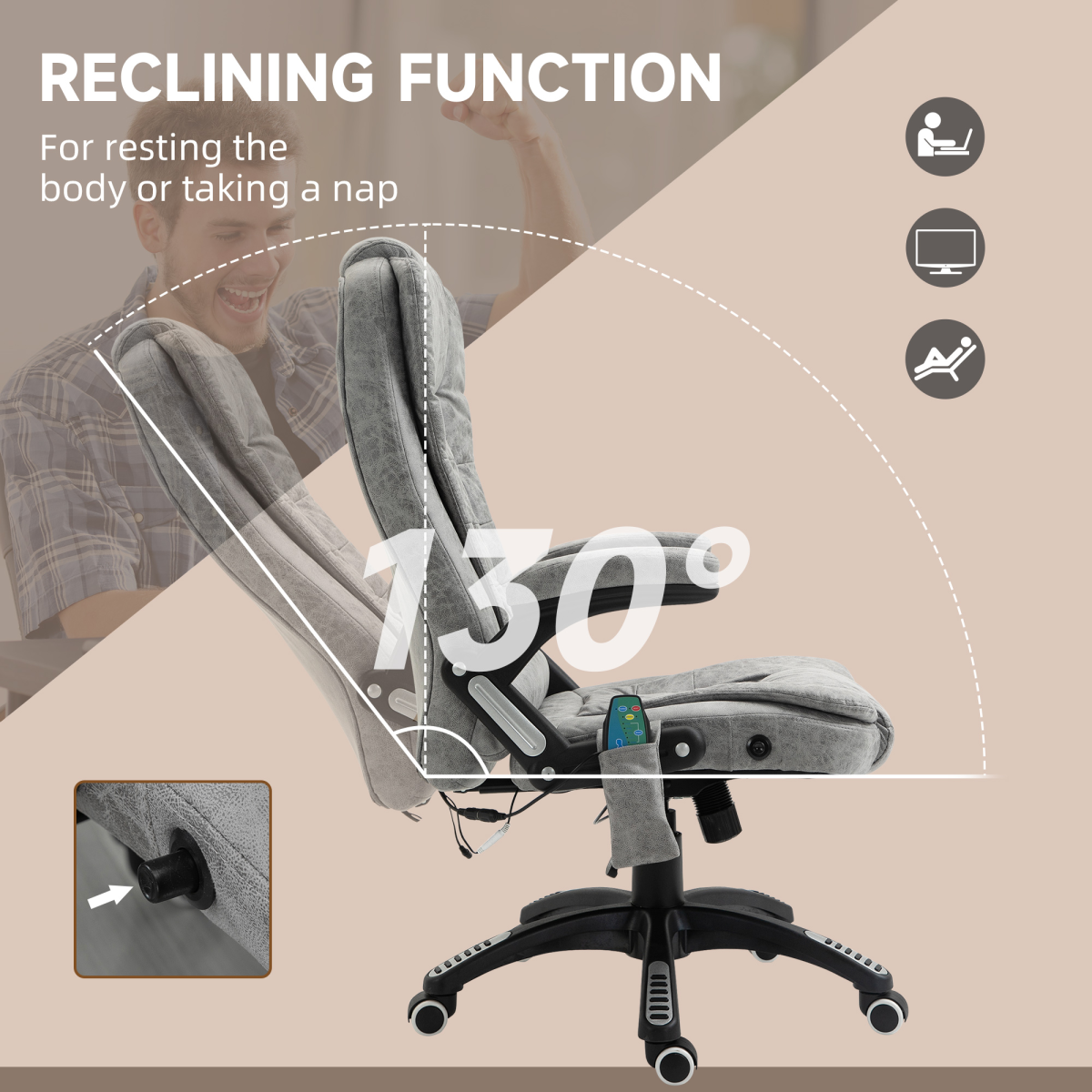 Grey Executive Reclining Office Chair with Heating Massage Headrest