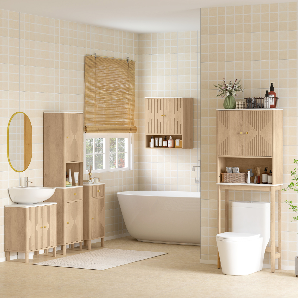 HOMCOM Bathroom Wall Cabinet with Adjustable Shelf, Open Shelf, Oak