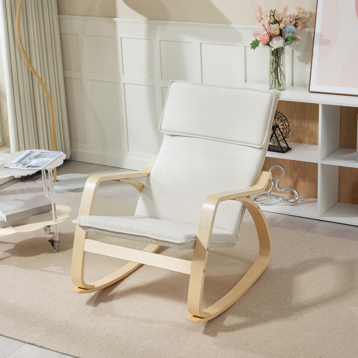 HOMCOM Cream White Linen-Feel High Back Rocking Chair with Headrest